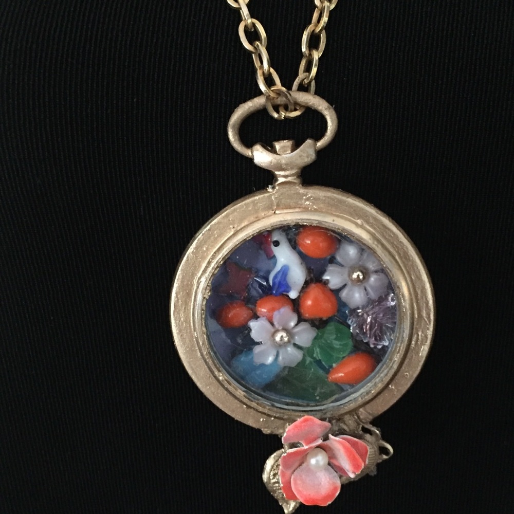 Venetian Glass Bird Oranges Pocket Watch Necklace